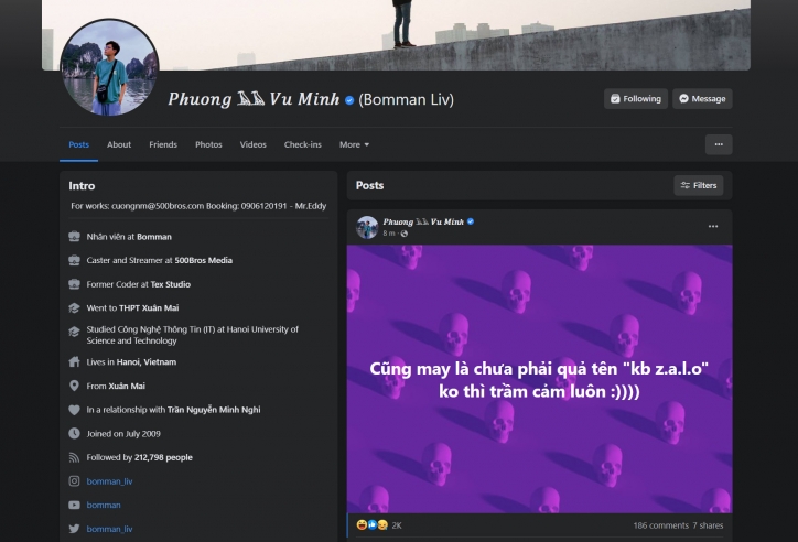 Streamer Bomman bị hack Facebook cá nhân