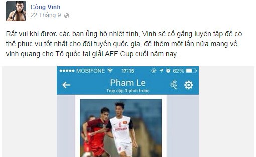 Công Vinh khoe tin nhắn 'độc' fan gửi