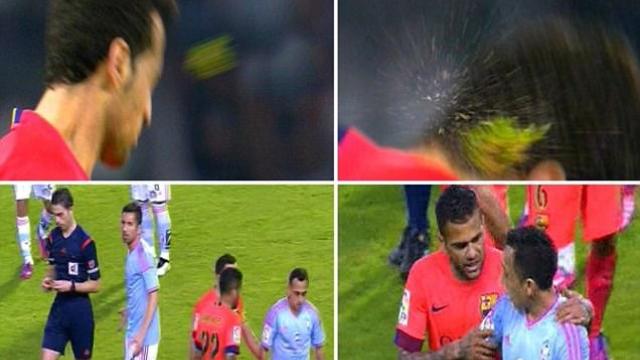 VIDEO: Busquets bị đối phương ném cỏ vào mặt vì giả vờ đá phạt