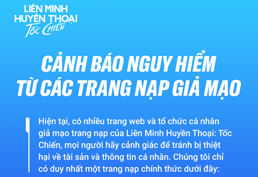LMHT Tốc Chiến cảnh báo lừa đảo từ các trang nạp giả mạo