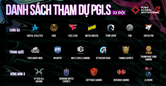 Danh sách 32 đội tuyển tham dự PUBG Global Intivational.S (PGI.S)