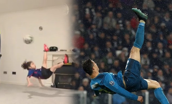VIDEO: Cậu bé 6 tuổi gây sốt khi tái hiện pha 'ngả bàn đèn' của Ronaldo