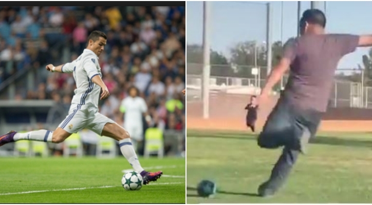 VIDEO: Bố sút bóng như Ronaldo, con trai 'lãnh đủ'