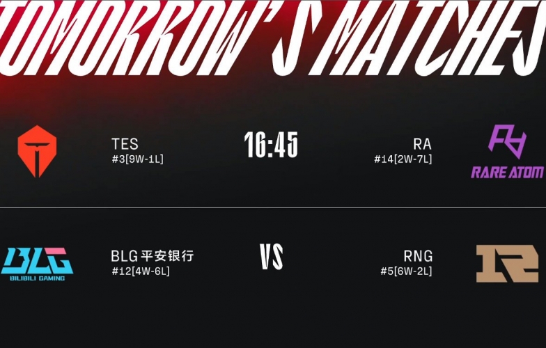 Lịch thi đấu LPL mùa Hè ngày 20/7: TES - RA, BLG - RNG