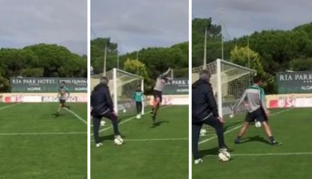 VIDEO: Ronaldo ăn mừng hài hước trên sân tập