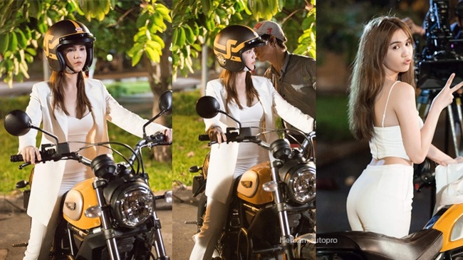 Ngọc Trinh lộ ảnh chật vật tập lái Ducati Scrambler