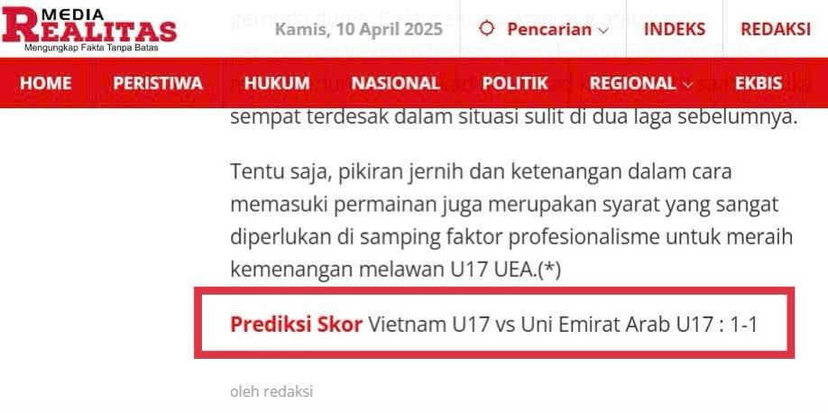 Báo Indonesia chỉ thẳng tỷ số trận U17 Việt Nam vs U17 UAE 618361