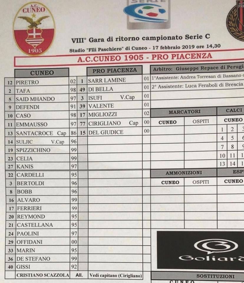 Cuneo, Pro Piacenza, Serie C, Italia, 0-20, phá sản, Nicola Cirigliano
