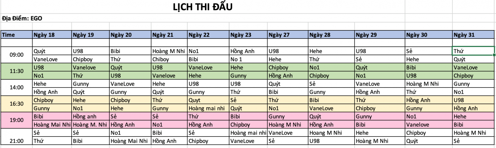 lịch thi đấu