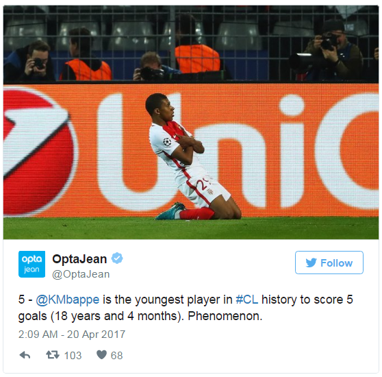Champions League,cup c1,Mbappe,Kylian Mbappe,Tiền đạo U20 Pháp,kỷ lục Champions League,Dortmund,monaco 3-1 dortmund,monaco,