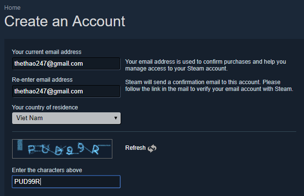 Mẫu form đăng ký tài khoản Steam