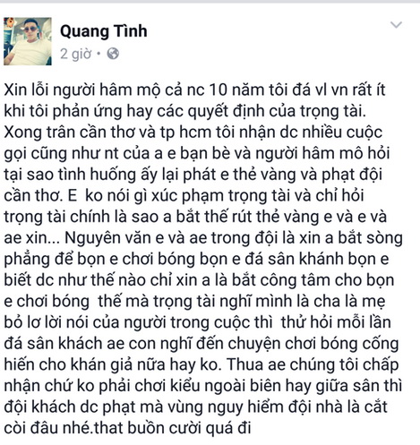 Quang Tình bày tỏ bất bình với trọng tài trên trang cá nhân