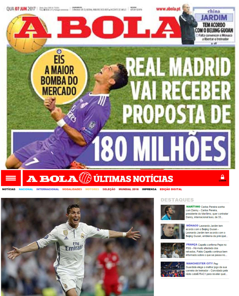Nhật báo Abola đưa tin trên trang bìa số ra mới đây nhất chuyen nhuong, tin chuyen nhuong, tin tuc chuyen nhuong, chuyen nhuong real