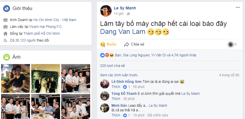 Dòng trạng thái của HLV Lê Sỹ Mạnh trên trang cá nhân sau vụ việc