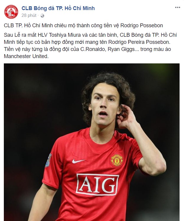 Rodrigo Pereira Possebon, Man Utd, Công Vinh, CLB TP.HCM, bóng đá Việt Nam