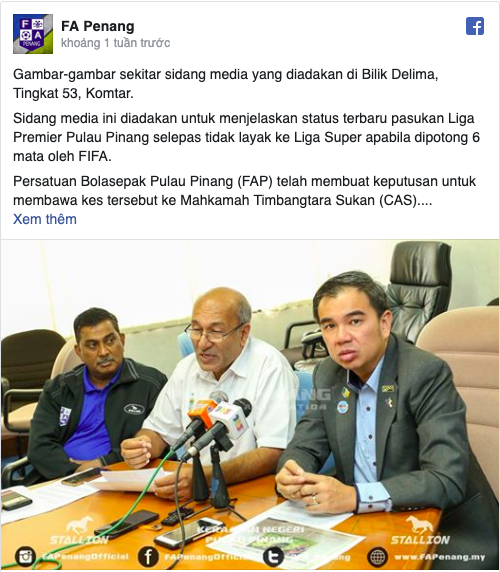 CLB Penang FA, FIFA, CAS, Malaysia Premier League, Malaysia