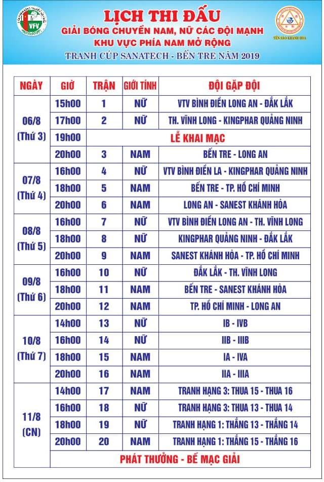 Lịch thi đấu giải bóng chuyền nam, nữ các đội mạnh KV phía Nam mở rộng