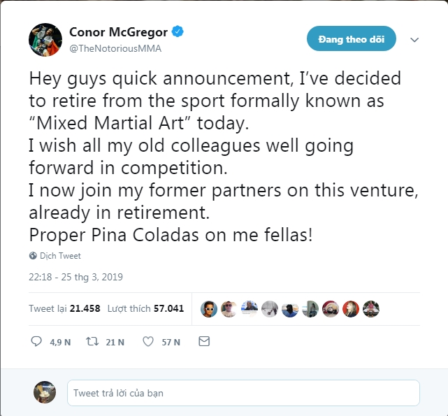conor mcgreogor, conor mcgregor giải nghệ, conor giải nghệ,