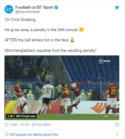 Trang BT Sport cũng đưa ra lời bênh vực hậu vệ người Anh - Ảnh: Twitter Smalling, Roma vs M'Gladbach, kết quả Roma vs Gladbach, europa league, kết quả europa league