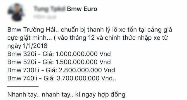 Thông tin đăng thanh lý xe BMW tồn tại cảng với giá từ 1 tỷ đồng. Nguồn: Zalo.