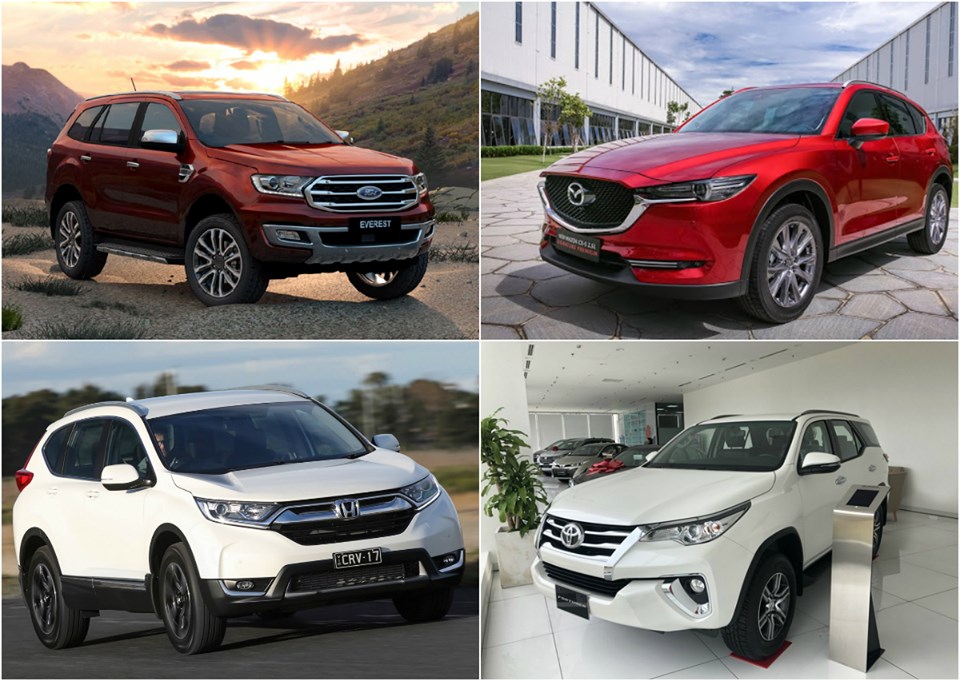 Các mẫu xe ô tô: Ford Everest, Mazda CX-8, Honda CRV, Toyota Fortuner