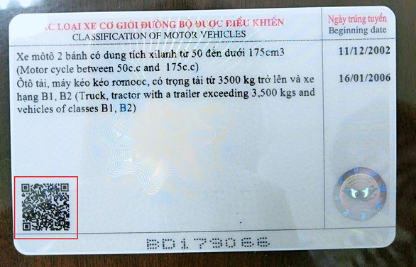 Mã Qr Code được in dưới góc trái mặt sau bằng lái xe.