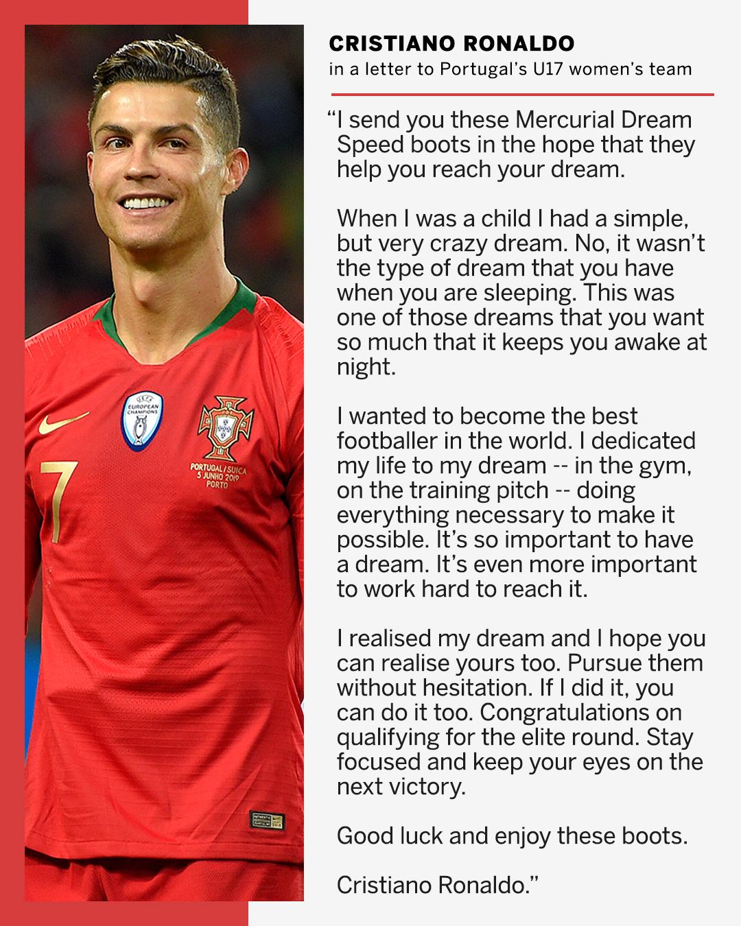 cristiano ronaldo, u17 nữ bồ đào nha, ronaldo tặng quà, ronaldo gửi thư