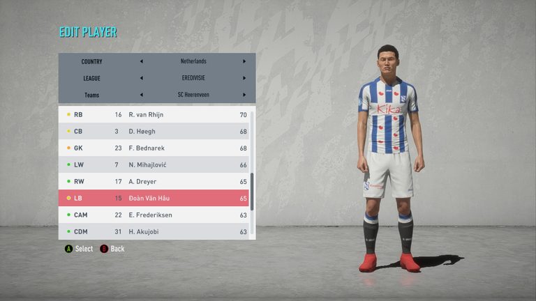 Đoàn Văn Hậu, FIFA 20, SC Heerenveen, Văn Hậu trong FIFA 20, giải VĐQG Hà Lan