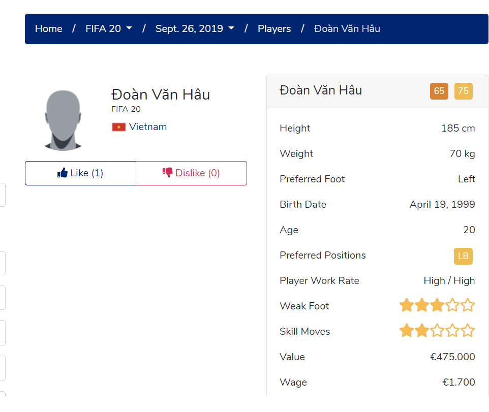 Đoàn Văn Hậu, FIFA 20, SC Heerenveen, Văn Hậu trong FIFA 20, giải VĐQG Hà Lan