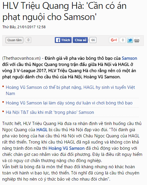 Samson, Hoàng Vũ Samson, HAGL, Châu Ngọc Quang, Samson đạp Ngọc Quang, Hà Nội FC, V-League 2017