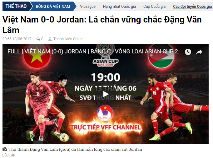 Văn Lâm là tiêu điểm của báo chí Việt ngày hôm nay 14/6 Văn Lâm, Việt Nam vs Jordan, ĐTQG Việt Nam, Đặng Văn Lâm, Aisan Cup 2019