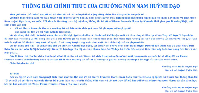Nam Huỳnh Đạo, Huỳnh Tuấn Kiệt, chưởng môn Nam Huỳnh Đạo, Vịnh Xuân Quyền, Pierre Francois Flores, võ thuật Việt Nam