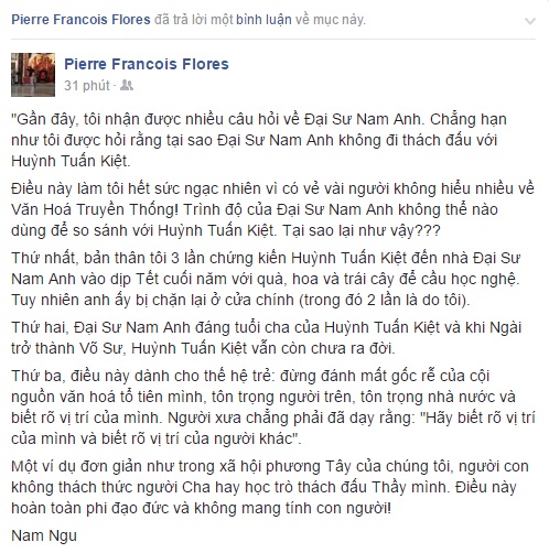 Nam Huỳnh Đạo, Huỳnh Tuấn Kiệt, chưởng môn Nam Huỳnh Đạo, Vịnh Xuân Quyền, Pierre Francois Flores, võ thuật Việt Nam