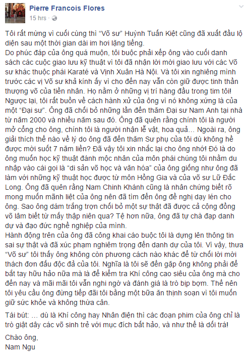 Nam Huỳnh Đạo, Huỳnh Tuấn Kiệt, chưởng môn Nam Huỳnh Đạo, Vịnh Xuân Quyền, Pierre Francois Flores, võ thuật Việt Nam
